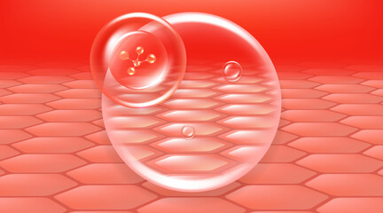 Hyaluronic acid hair and skin solutions ad, red collagen serum drops over skin cells with cosmetic advertising background ready to use, illustration vector.