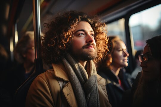 A diverse group of people commencing their morning commute on a city bus. Friendship, public transport and people concept.
