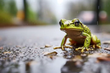 Gordijnen Green frog sitting on road © Firn