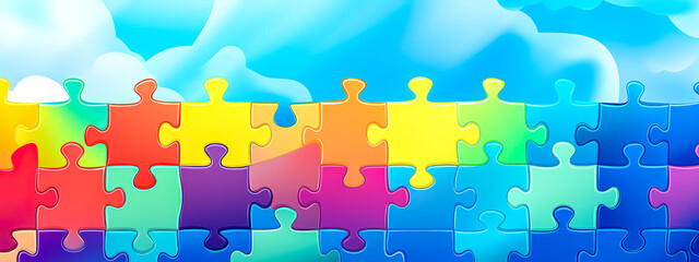 puzzle pieces in a gradient of hues from red to blue, forming a seamless connection, set against a backdrop of a clear sky with fluffy clouds, symbolizing connection, complexity, and problem-solving