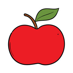 Hand drawn doodle of a red apple with a green leaf on a white background.
