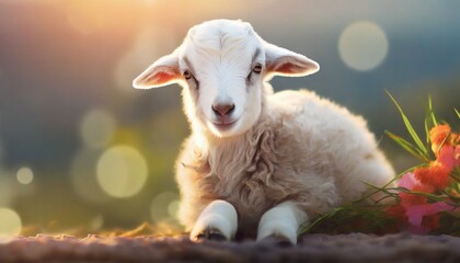Fototapeta premium Cute sitting baby goat sheep background banner panorama spring easter. eid mubarak