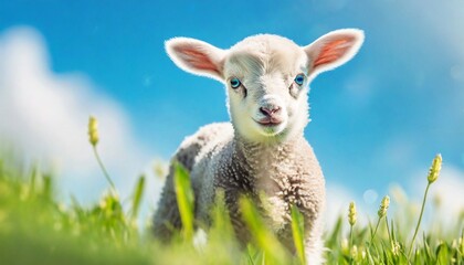 Cute little lamb on fresh spring green meadow during sunrise. Eid mubarak	
