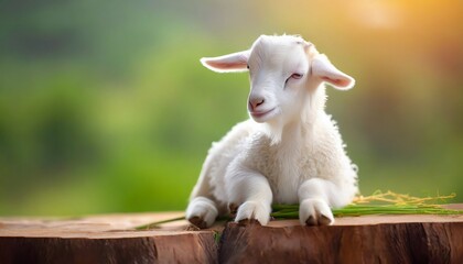 Cute sitting baby goat sheep background banner panorama spring easter. eid mubarak