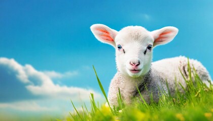 Obraz premium Cute little lamb on fresh spring green meadow during sunrise. Eid mubarak 