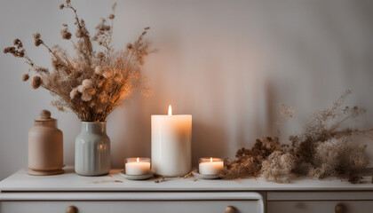 Candles on the table with a bouquet
dried flowers. Room decor. Generative AI