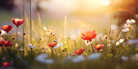 A field of vibrant flowers in the morning light Beautiful colorful landscape full of flowers for the arrival of spring Beautiful field of red poppies in the blurred nature background Ai Generative