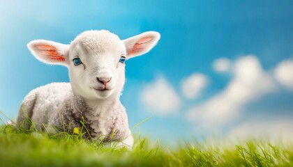Obraz premium Cute sitting baby goat sheep background banner panorama spring easter. eid mubarak 