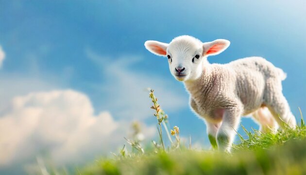 Cute sitting baby goat sheep background banner panorama spring easter. eid mubarak	
