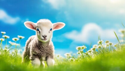 Fototapeta premium Cute sitting baby goat sheep background banner panorama spring easter. eid mubarak 