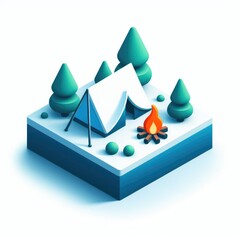 3D icon of a tent and a campfire in isometric style on a white background
