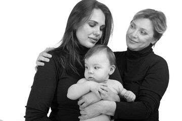 Grandmother, daughter and granddaughter on white portrait, happy family concept