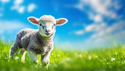 Cute little lamb on fresh spring green meadow during sunrise. Eid mubarak	
