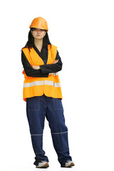 A construction worker on a green background, full-length, she crossed her arms