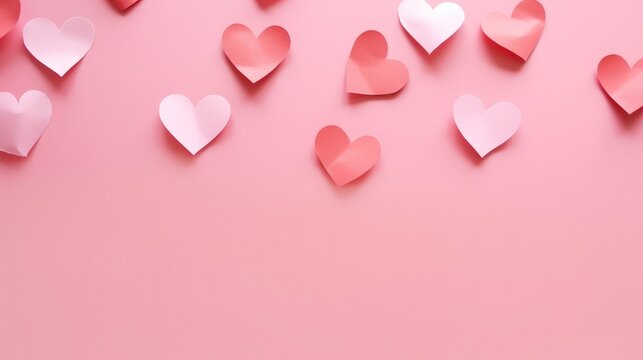 Romantic pink paper hearts cuts isolated on pastel pink background. Generate AI image