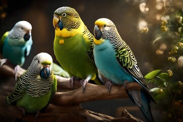 Picture an immaculate roost where three enchanting budgies perch, bathed in divine lighting that unveils the intricate 