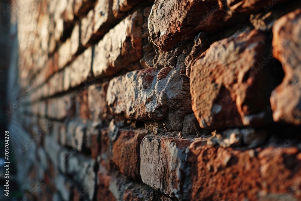 Poster A close-up view of a brick wall near a building. Perfect for adding texture and depth to architectural designs