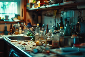 A cluttered kitchen with a sink. Perfect for illustrating a messy kitchen or a hoarding situation - obrazy, fototapety, plakaty