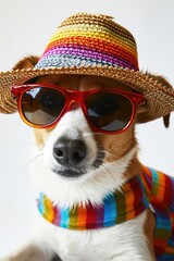 A cute small dog wearing a hat and sunglasses. Perfect for summer or vacation-themed designs