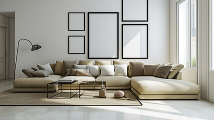 Contemporary sectional sofa in beige and taupe. Empty white frames, a minimalist canvas