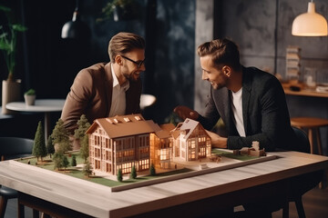 Real estate deal, an agent and client with a signed agreement and house key, representing property investment and insurance.