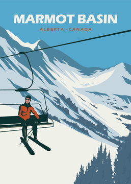 skier man on ski lift at marmot basin mountain poster design, ski vintage illustration design