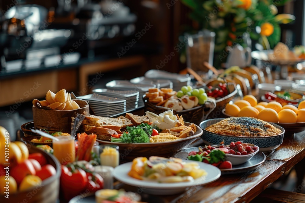 Poster a variety of different types of food displayed on a table. suitable for food-related projects and pu
