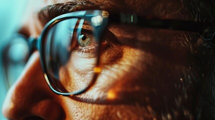 A detailed view of a person wearing glasses. This image can be used to depict intelligence, focus, or professionalism. Ideal for websites, blogs