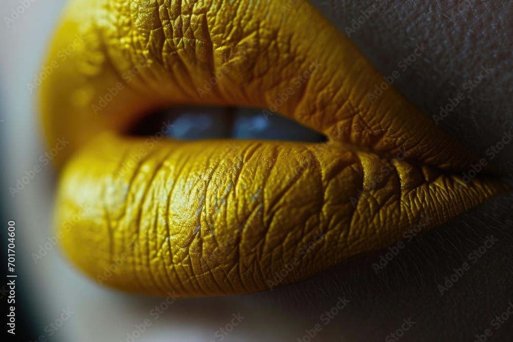 Poster a close-up shot of a person's mouth with a vibrant yellow lip. this image can be used to add a pop o