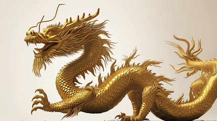 Majestic Golden Dragon Sculpture on white background.