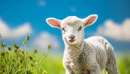 Obraz premium Cute sitting baby goat sheep background banner panorama spring easter. eid mubarak