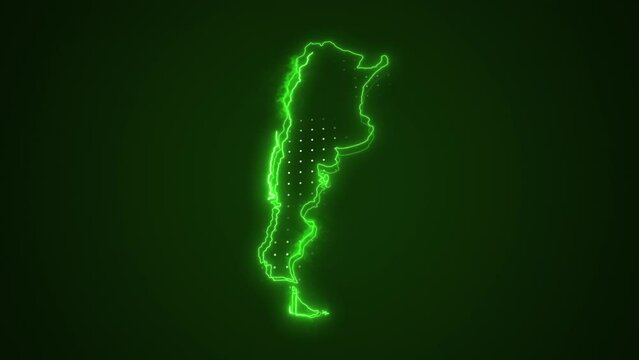3D Moving Neon Green Argentina Map Borders Outline Loop Background. Neon Green Colored Argentina Map Borders Outline Seamless Loop Dark Background. Argentina Neon Map Borders Outline.