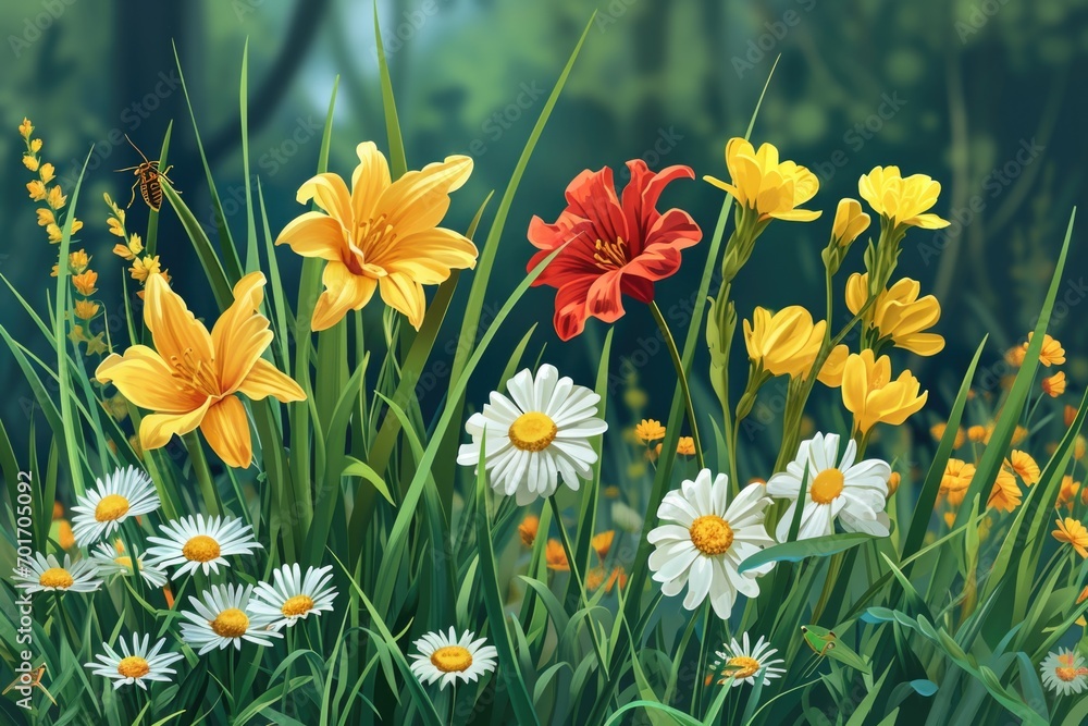 Poster a bunch of flowers lying in the grass. suitable for various uses