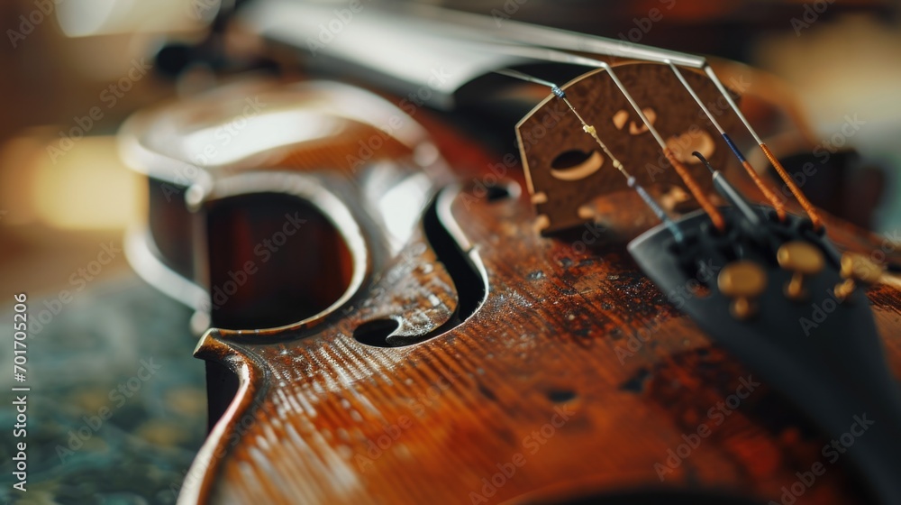 Poster A close up shot of a violin placed on a table. Perfect for music-related projects or instrument showcases