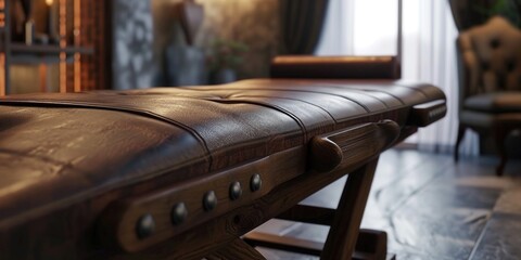 A brown leather bench placed in front of a window. Perfect for adding a cozy seating area to any room