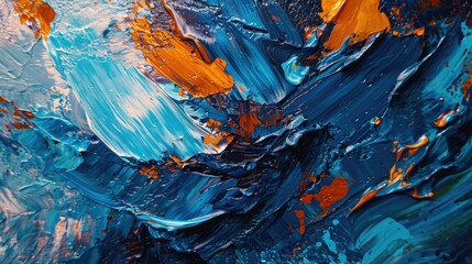 A detailed view of a painting featuring blue and orange colors. This artwork can be used to add a...