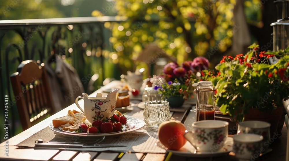 Poster a table set with a plate of food and cups. perfect for showcasing meals and beverages