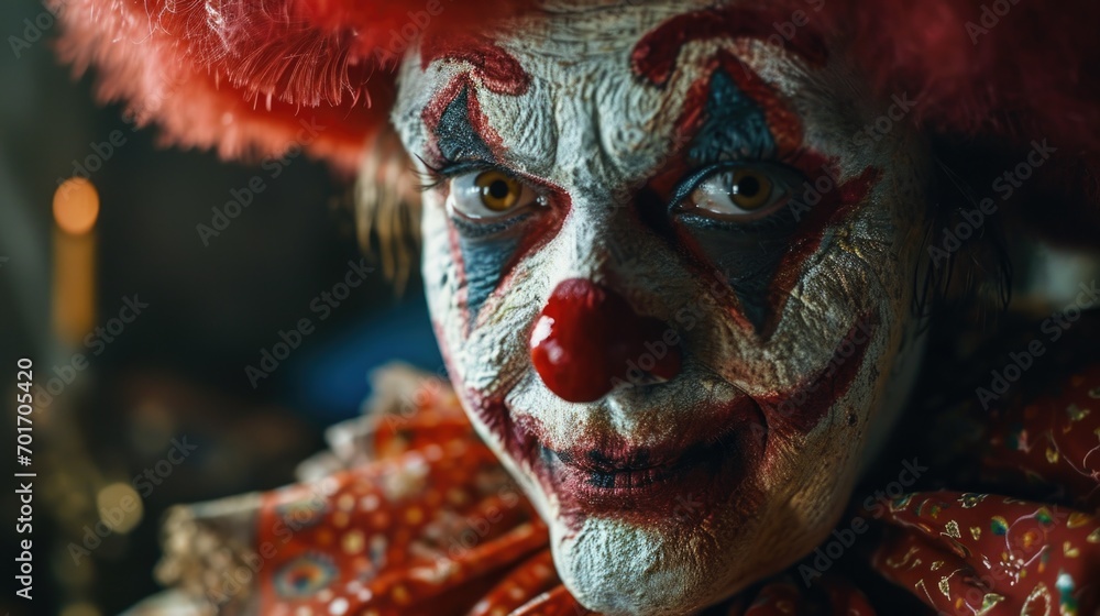 Poster a close-up view of a clown with vibrant red hair. this image can be used to depict a clown character