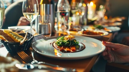 A plate of food and a glass of wine are placed on a table. This image can be used to depict a delicious meal or a romantic dinner setting - obrazy, fototapety, plakaty