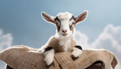Cute sitting baby goat sheep background banner panorama spring easter. eid mubarak	
