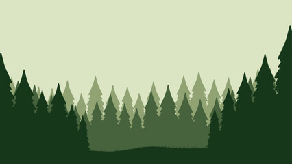 Pine forest landscape vector illustration. Silhouette of coniferous forest with clear sky. Pine forest landscape for background, wallpaper or illustration