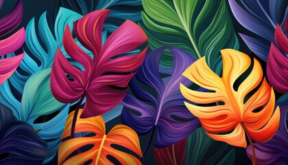 monstera leaves illustration colorful, background - 701705484