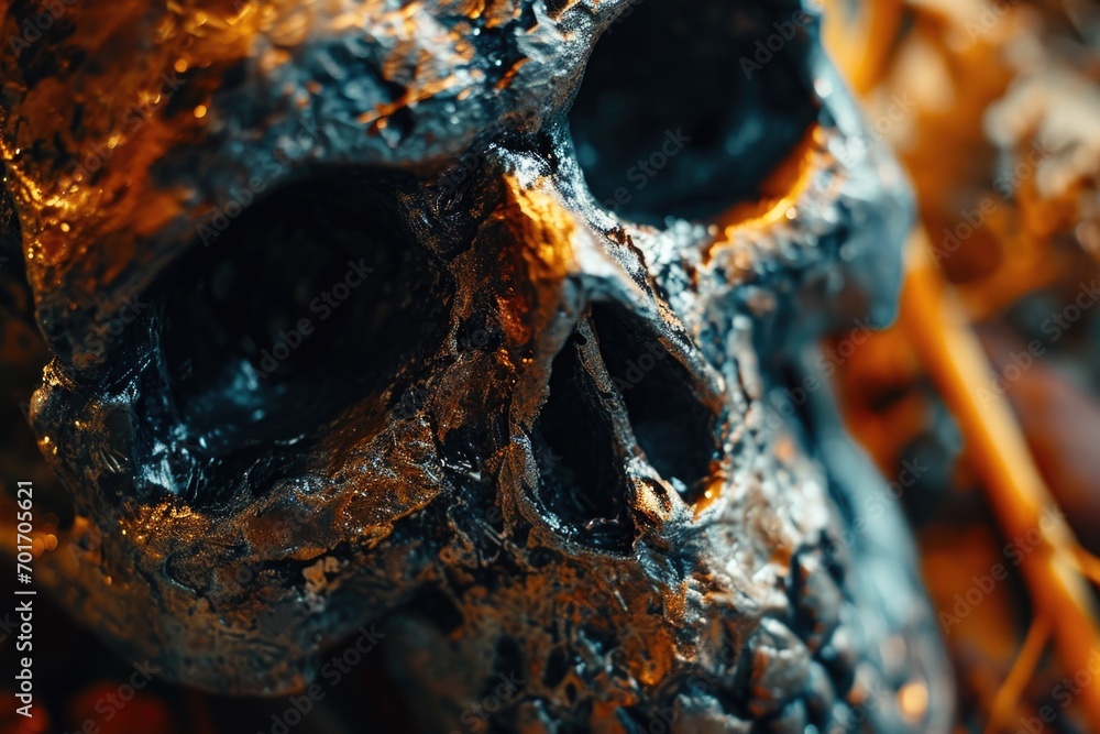 Poster a close-up view of a skull resting on a table. this image can be used to create a spooky or macabre 