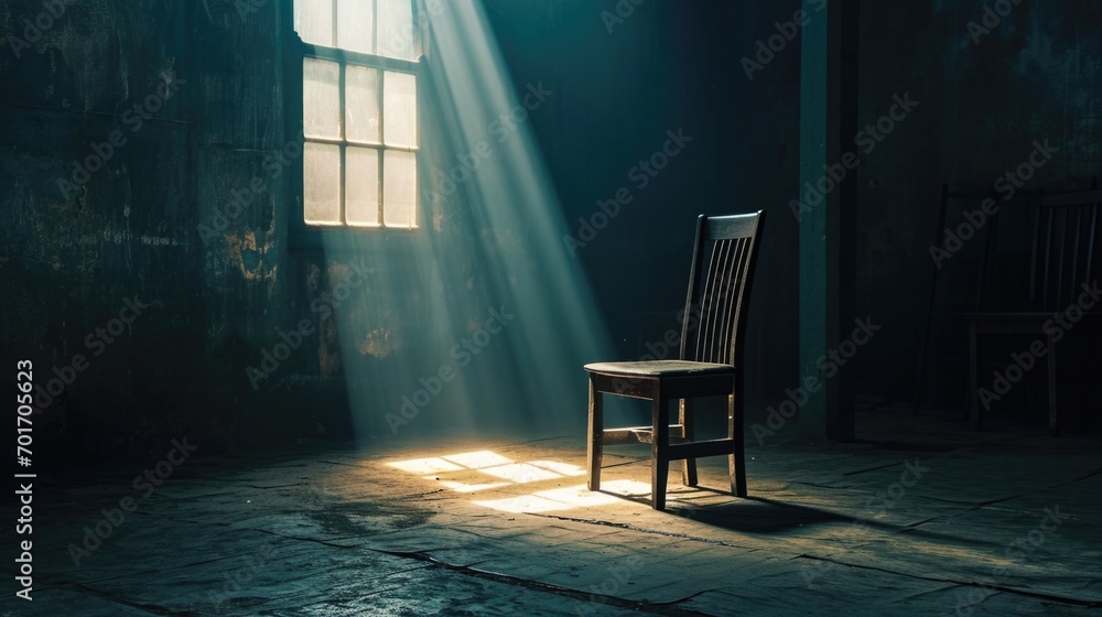 Poster a wooden chair sitting in front of a window, perfect for adding a cozy touch to any space