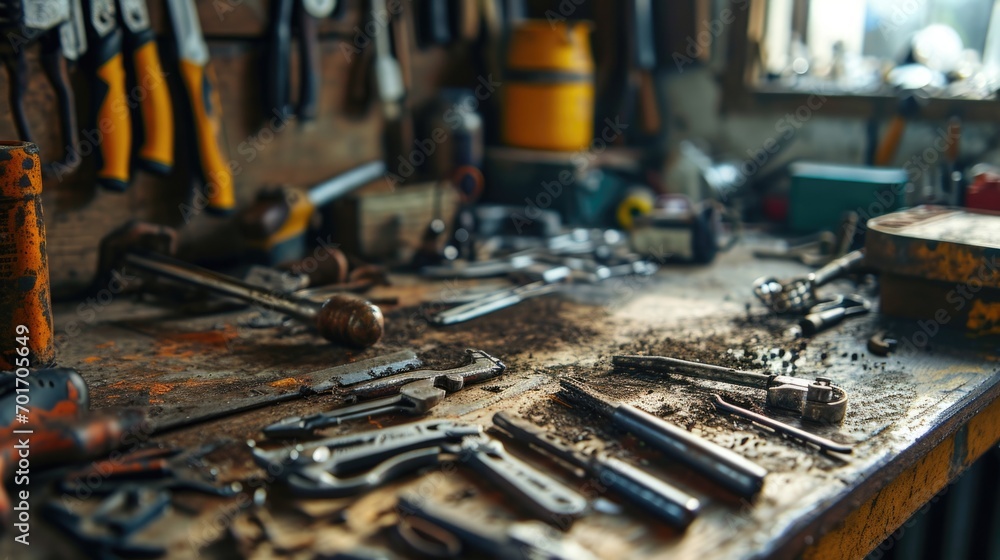 Poster a workbench filled with various tools, neatly arranged on top of a wooden table. suitable for depict