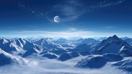 Moonlit Majesty snowy mountain range bathed in the gentle glow of moonlight.