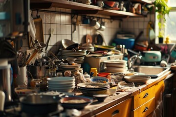 A busy kitchen filled with numerous dishes on the counter. Perfect for illustrating a messy kitchen...
