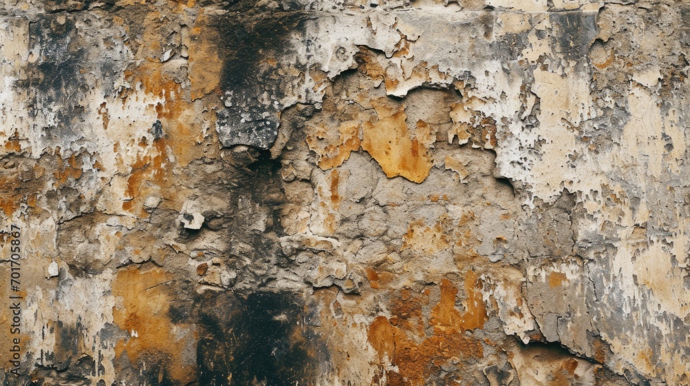 Poster a detailed view of peeling paint on a wall. this image can be used to illustrate decay, deterioratio