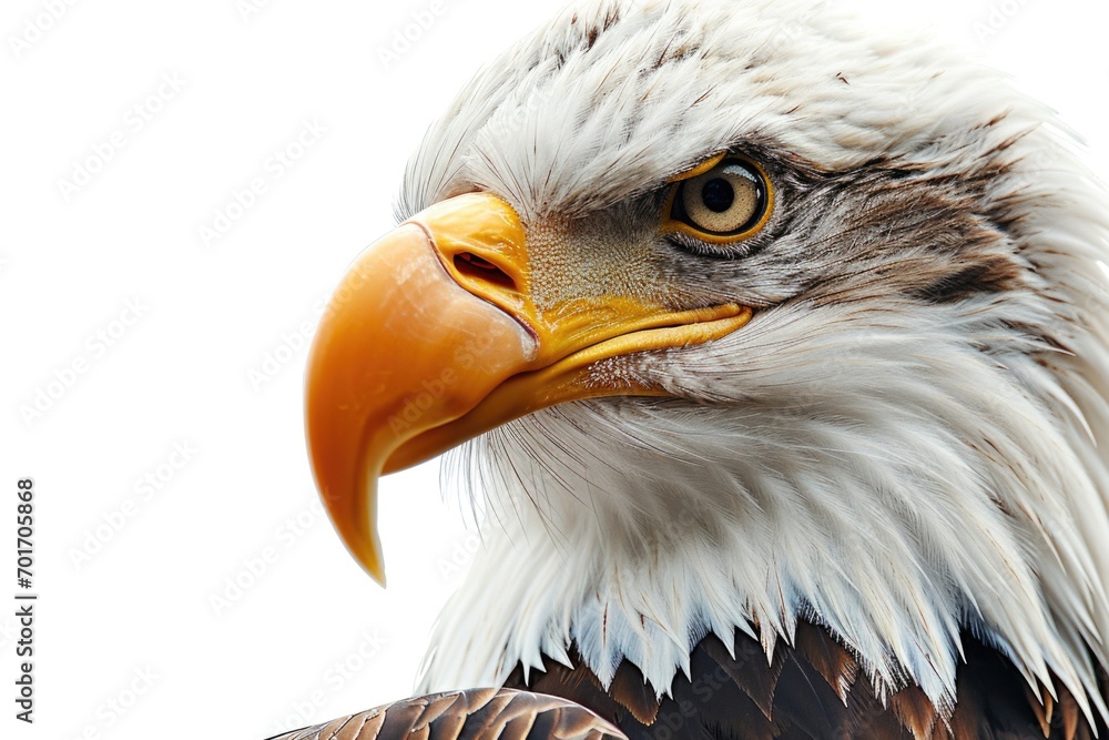 Poster a close up shot of an eagle's head against a white background. this image can be used for various pu