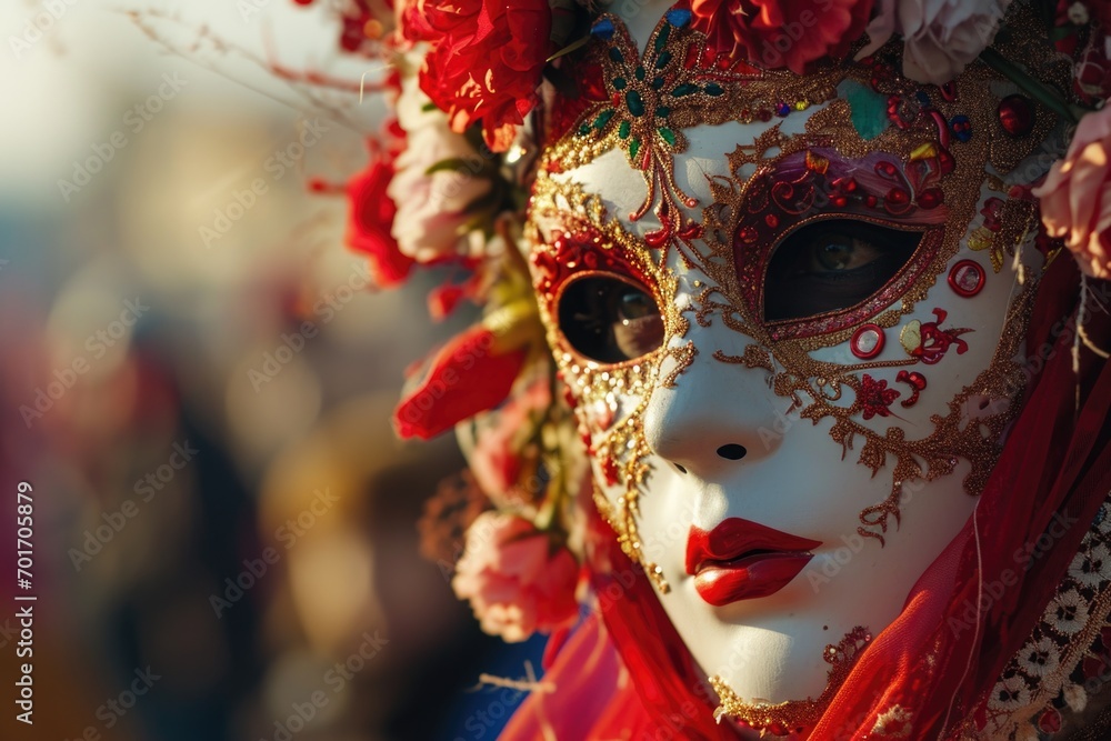Poster A close-up view of a mask adorned with delicate flowers. Perfect for adding a touch of elegance and beauty to any event or celebration